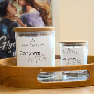 Bougies parfumée rocher praliné : Grignoter les Mots. Marque RomanCirière en formats 200 g et 60 g